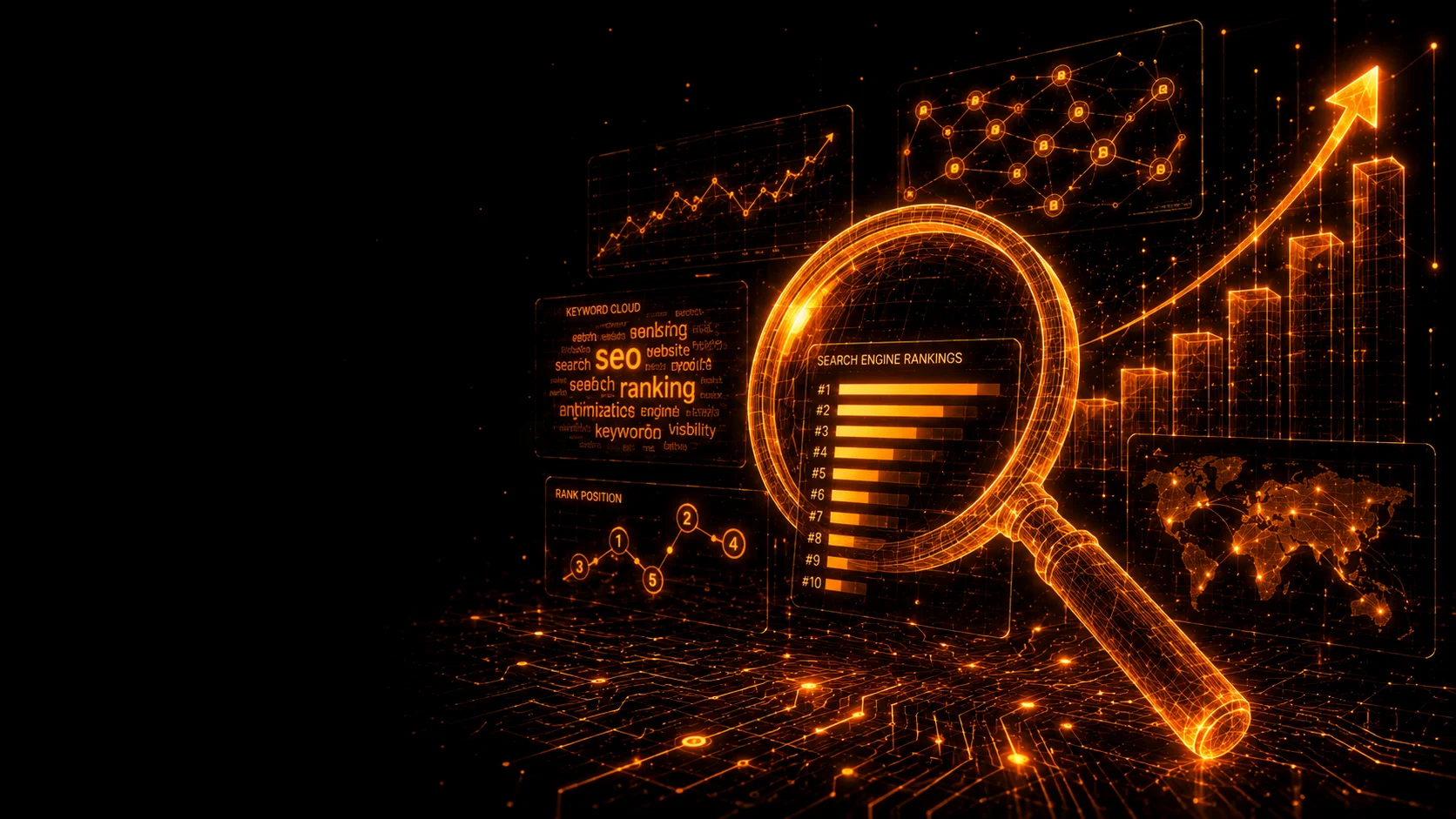 Ilustrasi analisis SEO: kaca pembesar bercahaya oranye di atas grafik peringkat dan kata kunci pencarian