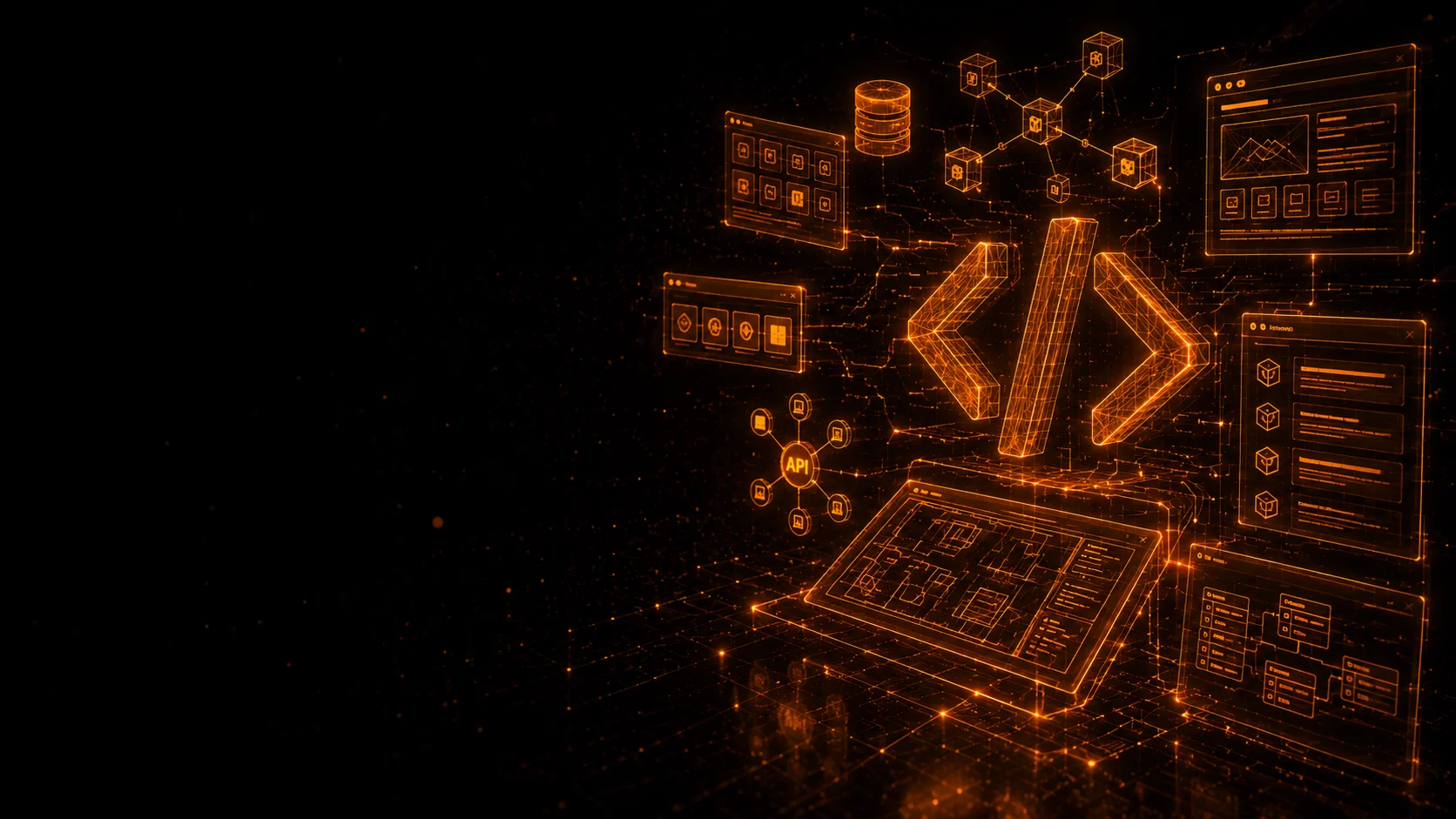 Ilustrasi custom web development: simbol kode bercahaya oranye dikelilingi panel UI, database, dan node integrasi